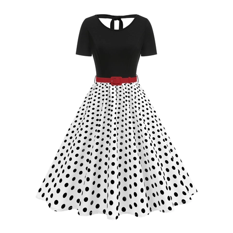 Vintage 1950er Jahre Polka Dot Rockabilly Kleid Für Damen Kurzarm Rundhals Hohlrücken Schleife Großer Schwingender Saum A-Linie Midi Kleid
