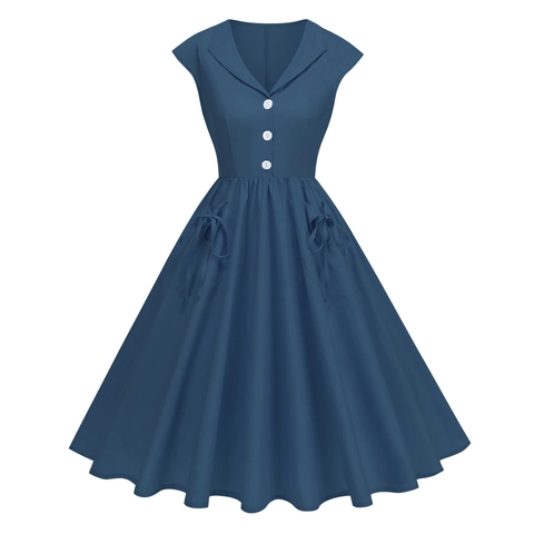 Women's Vintage Retro A-Line Midi Dress Sleeveless Lapel Button Swing Party Dress With Pockets And Bows Solid Summer Dress