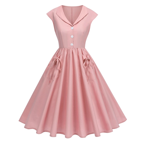 Women's Vintage Retro A-Line Midi Dress Sleeveless Lapel Button Swing Party Dress With Pockets And Bows Solid Summer Dress