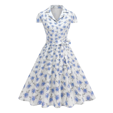 Damen Retro Blumenmuster Kurzarm A-Linien Kleid Revers Knöpfe Taille Schleife Sommer Vintage Swing Midi Kleid