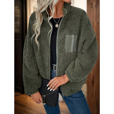 Women Warm Sherpa Fleece Jacket Stand Collar Long Sleeve Full Zip Sherpa Coat With Pocket Casual Solid Winter Outerwear