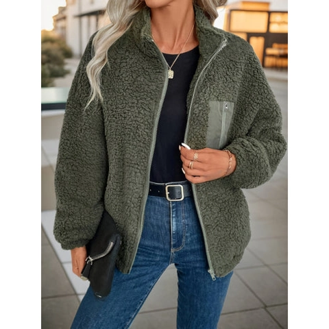 Women Warm Sherpa Fleece Jacket Stand Collar Long Sleeve Full Zip Sherpa Coat With Pocket Casual Solid Winter Outerwear