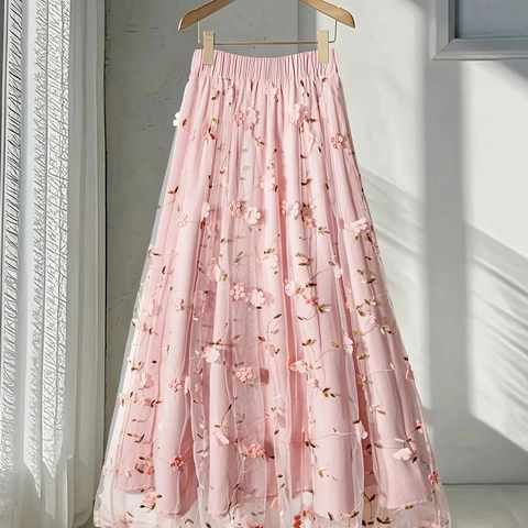 Gonna Longuette da Donna a Vita Alta con Fiori 3D in Tulle Elegante Doppio Strato in Rete a Trapezio Gonna a Ricamo Rosa