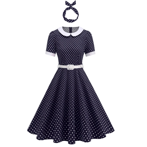 Vintage Jaren 50 Polka Dot Midi Jurk Voor Dames Audrey Hepburn Stijl Korte Mouw Peter Pan Kraag Met Riem En Hoofdband