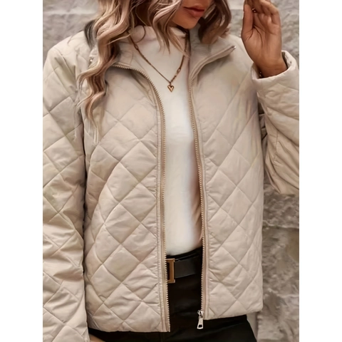 Veste Matelassée en Losange Élégante pour Femme Col Montant Fermeture Éclair Manteau Rembourré Chaud Automne