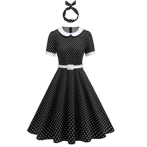 Vintage Jaren 50 Polka Dot Midi Jurk Voor Dames Audrey Hepburn Stijl Korte Mouw Peter Pan Kraag Met Riem En Hoofdband