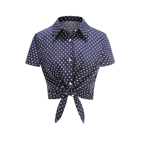 Women Retro Polka Dot Short Sleeve Shirt V Neck Slim Fit Button Down Tie Front Crop Top Blouse Summer Casual Clothes