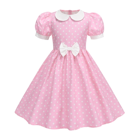 Abito da Principessa Vintage a Pois per Ragazze Manica Corta Colletto Peter Pan Maniche a Sbuffo Abito da Festa a Trapezio