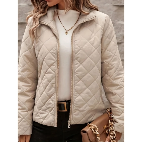 Veste Matelassée en Losange Élégante pour Femme Col Montant Fermeture Éclair Manteau Rembourré Chaud Automne