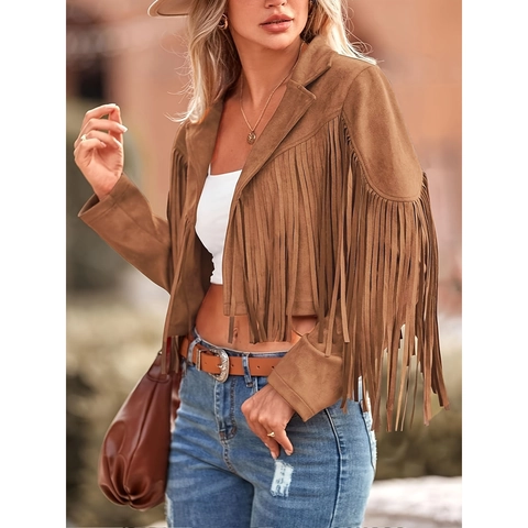 Chaqueta de Gamuza Sintética para Mujer con Borlas Abrigo Corto con Flecos Manga Larga Solapa Estilo Bohemio Vintage Color Sólido