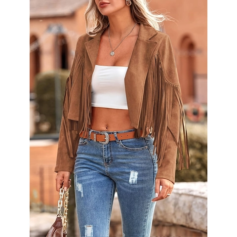 Chaqueta de Gamuza Sintética para Mujer con Borlas Abrigo Corto con Flecos Manga Larga Solapa Estilo Bohemio Vintage Color Sólido