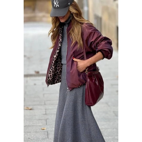 Damen Wendbar Bomberjacke Elegant Leopardenmuster Und Burgund Satin Reißverschluss Lässig Oberbekleidung Mantel Für Herbst