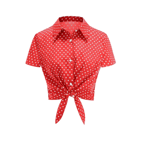 Women Retro Polka Dot Short Sleeve Shirt V Neck Slim Fit Button Down Tie Front Crop Top Blouse Summer Casual Clothes