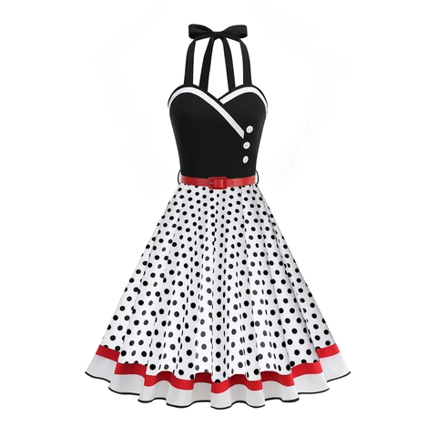 Vestito Vintage Anni 50 Stile Hepburn Scollo Americana Pois Floreale Linea A Swing Rockabilly Festa Midi Con Cintura