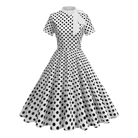 Abito Midi a Pois Retro Stile Hepburn da Donna Manica Corta Linea a A Swing Abito da Festa Elegante Vintage Con Fiocco