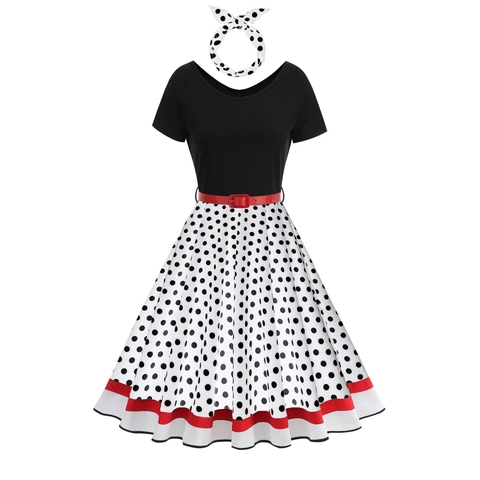 Set Vestito Midi a Pois Stile Hepburn Anni 50 Vintage Con Cintura E Fascia Manica Corta Scollo a V Vestito Da Festa Donna