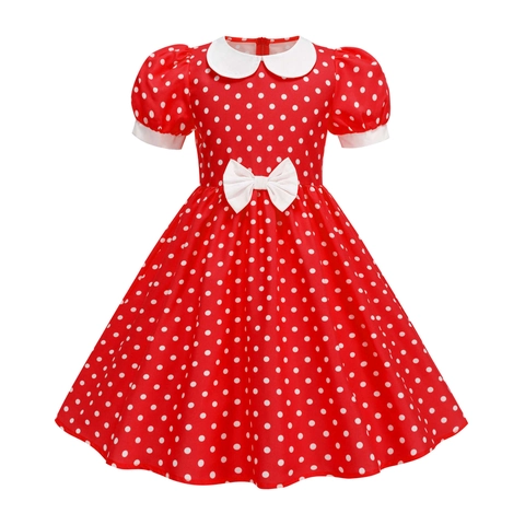Mädchen Vintage Gepunktet Prinzessin Kleid Kurzarm Peter-Pan-Kragen Puffärmel A-Linie Partykleid Mit Schleife Für Kinder