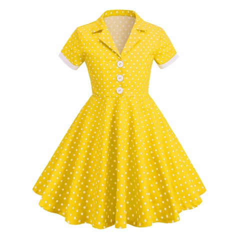 Robe à Pois Vintage pour Filles Mélange de Coton Manches Courtes Revers Ligne A Robe de Princesse de Fête pour Enfants Style Rétro