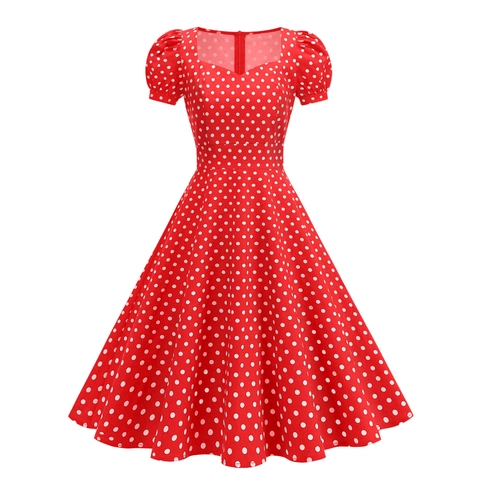 Robe Midi Vintage à Pois pour Femmes Style Hepburn Années 1950 Rétro Manches Bouffantes Swing Cocktail