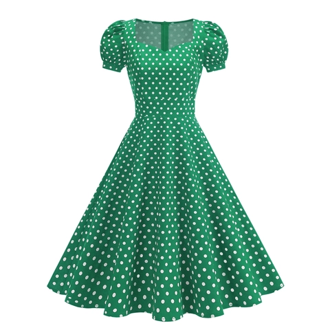 Robe Midi Vintage à Pois pour Femmes Style Hepburn Années 1950 Rétro Manches Bouffantes Swing Cocktail