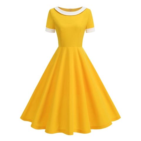 Vintage Hepburn Style Short Sleeve Peter Pan Collar A-Line Midi Dress For Women Retro Contrast Color Elegant Swing Party Dress