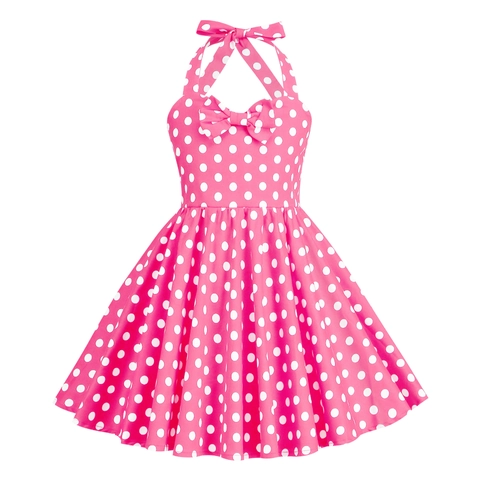 Vintage Polka Dot Halter Dress For Girls 50s Retro Style Sleeveless Bow Decor A-Line Party Swing Dress Summer Clothes