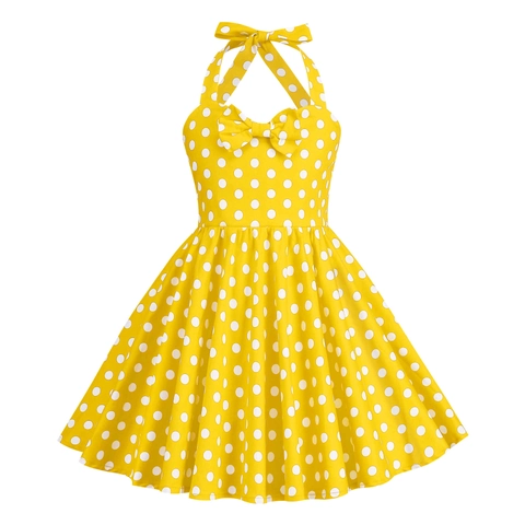 Vintage Polka Dot Halter Dress For Girls 50s Retro Style Sleeveless Bow Decor A-Line Party Swing Dress Summer Clothes
