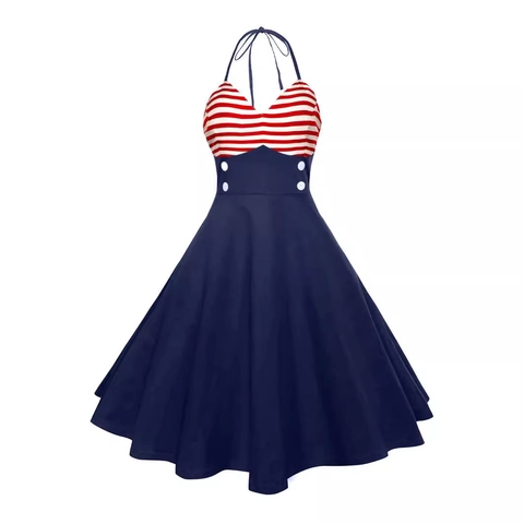 Vestito Midi a Linea A Vintage Scollo all'Americana Retro Patchwork a Strisce Vita Alta Stile Marinaio Cocktail Party Donna