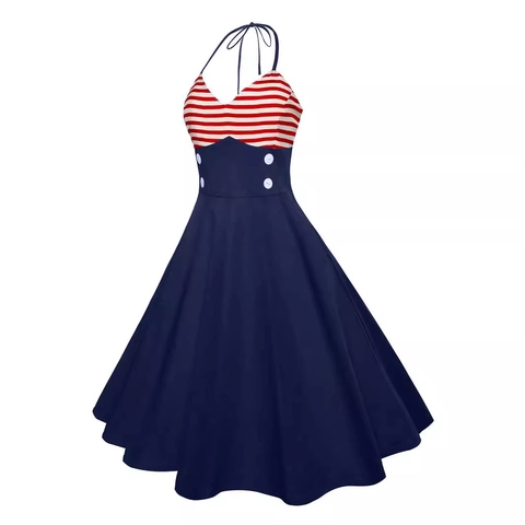 Vestito Midi a Linea A Vintage Scollo all'Americana Retro Patchwork a Strisce Vita Alta Stile Marinaio Cocktail Party Donna