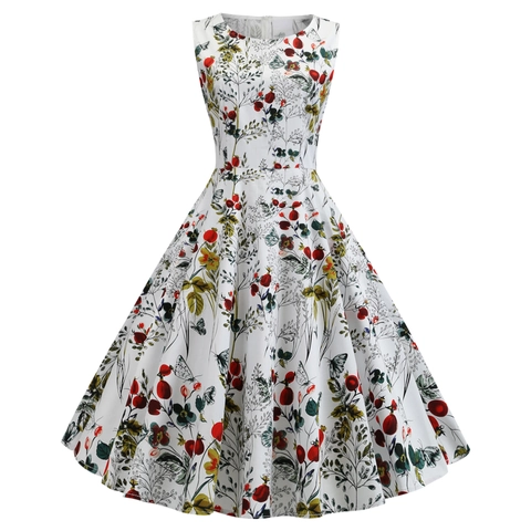Abito da Donna Vintage Senza Maniche Girocollo con Stampa Floreale a Linea A Midi Retrò Vita Alta Misto Cotone per Feste