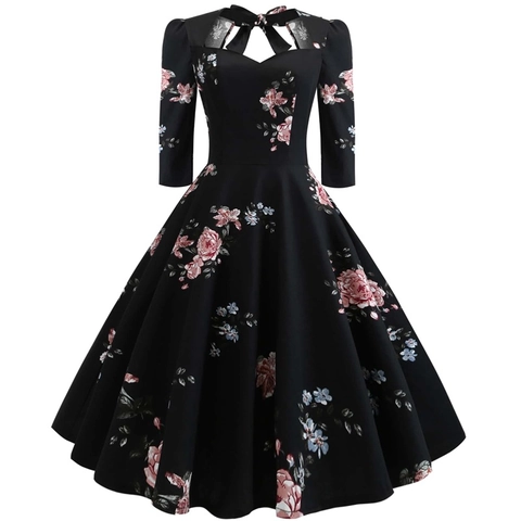 Vestido de Línea A Vintage de Talla Grande para Mujer Estampado Floral Estilo Retro Audrey Hepburn Manga Media con Lazo