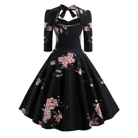 Vestido de Línea A Vintage de Talla Grande para Mujer Estampado Floral Estilo Retro Audrey Hepburn Manga Media con Lazo