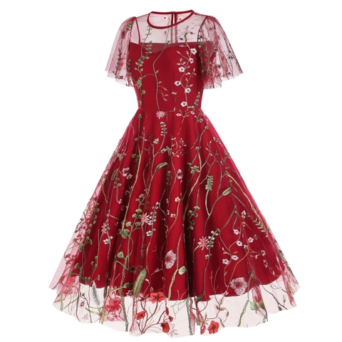 Women's Vintage Burgundy Mesh Floral Embroidery Midi Dress Short Sleeve Round Neck High Waist Smocked A-Line Party Dress