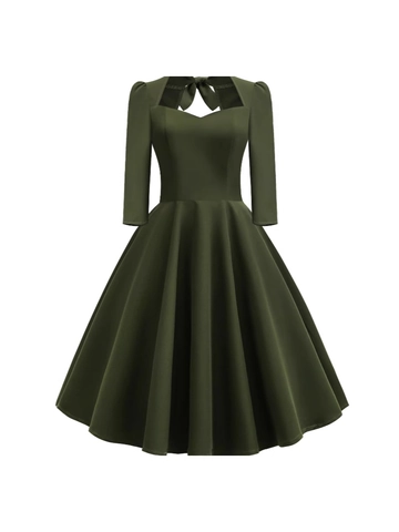 Vestido Midi Estilo Vintage Audrey Hepburn Escote Corazón Lazo Espalda al Aire Manga Larga Línea A Color Sólido Vestido de Fiesta Mujer