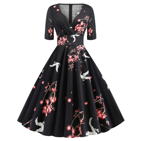 Damen Vintage V-Ausschnitt Kurzarm Kranich Pflaumenblüte Druck Midi A-Linie Swing Kleid Baumwollmischung Retro Elegantes Partykleid