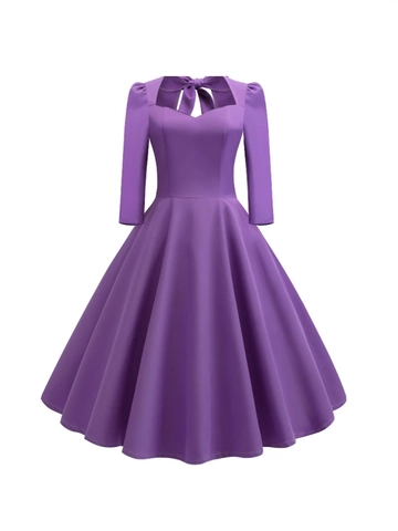 Vestido Midi Estilo Vintage Audrey Hepburn Escote Corazón Lazo Espalda al Aire Manga Larga Línea A Color Sólido Vestido de Fiesta Mujer