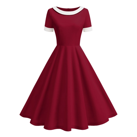 Vintage Hepburn Style Short Sleeve Peter Pan Collar A-Line Midi Dress For Women Retro Contrast Color Elegant Swing Party Dress