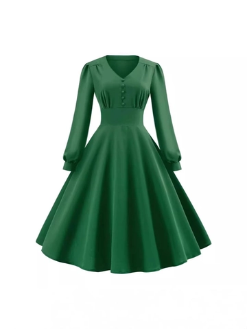 Damen Vintage V-Ausschnitt Langarm A-Linie Midi Kleid Baumwollmischung Knopf Taille Slim Swing Party Kleider Für Herbst Winter