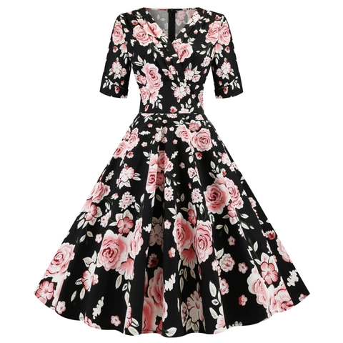 Abito Vintage Donna Stampa Rose Scollo a V Manica Corta a Ruota Elegante Stile Hepburn Nero Floreale Midi Linea a A Festa