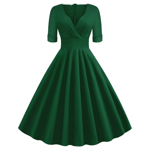 Women Vintage V-Neck Hepburn Style Midi Dress 1950s Retro Short Sleeve A-Line Pleated Swing Cocktail Party Solid Color Elegant Dress