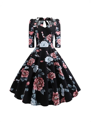 Dames Vintage Audrey Hepburn Bloemenprint Midi-Jurk Hartvormige Halslijn Strik A-Lijn Swing Feestjurk Halve Mouw Katoen