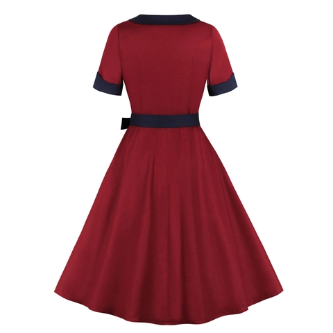 Abito Mini a Trapezio Vintage con Colletto Peter Pan a Contrasto Manica Corta Cintura a Fiocco Stile Hepburn Retro Festa