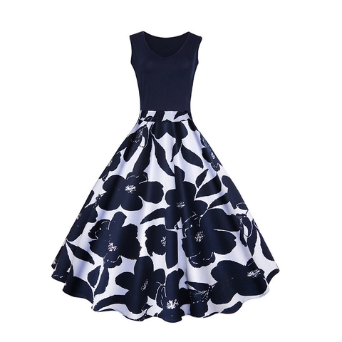 Damen Retro V-Ausschnitt Ärmellos A-Linie Midi Kleid Blumen Druck Großer Schaukelrock Elegant Party Casual Baumwollmischung Kleid