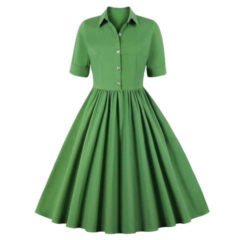 Vintage Dames Katoen Korte Mouw Midi Jurk Elegant Revers Knoopsluiting Hoge Taille Plooien A-Lijn Overhemdjurk Feest Kantoor