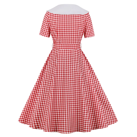 Abito Midi da Donna Vintage a Quadretti Gingham Retro Manica Corta Colletto alla Marinara Linea A Vestito da Tè con Cintura