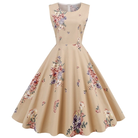 Women's Vintage 1950s Hepburn Style Sleeveless Floral Print A-Line Swing Midi Dress Round Neck Retro Banquet Party Dress