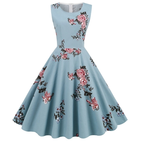 Women's Vintage 1950s Hepburn Style Sleeveless Floral Print A-Line Swing Midi Dress Round Neck Retro Banquet Party Dress