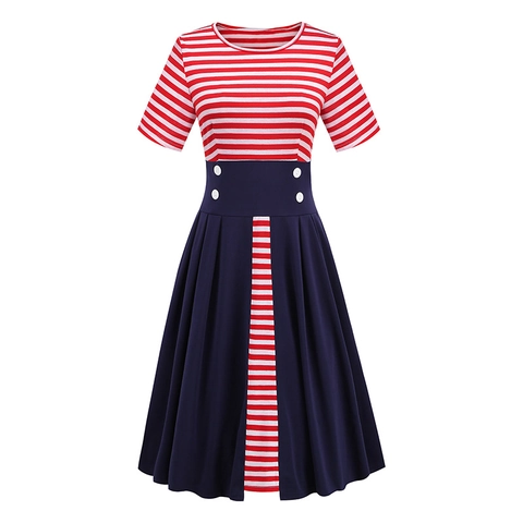 Vintage Navy Style Women Short Sleeve A-Line Dress Striped Patchwork High Waist Decorative Buttons Independence Day Party Dress