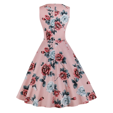 Women Vintage Sleeveless Floral Print Midi A-Line Swing Dress Round Neck Cotton Retro Party Dress For Summer