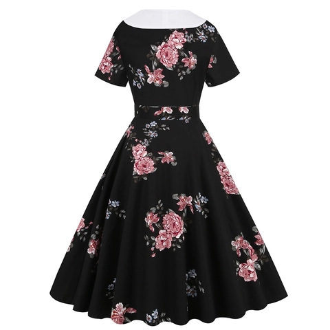 Vintage Hepburn Style Floral V Neck Short Sleeve A-Line Swing Dress For Women Elegant Retro Party Midi Flare Dress With Belt